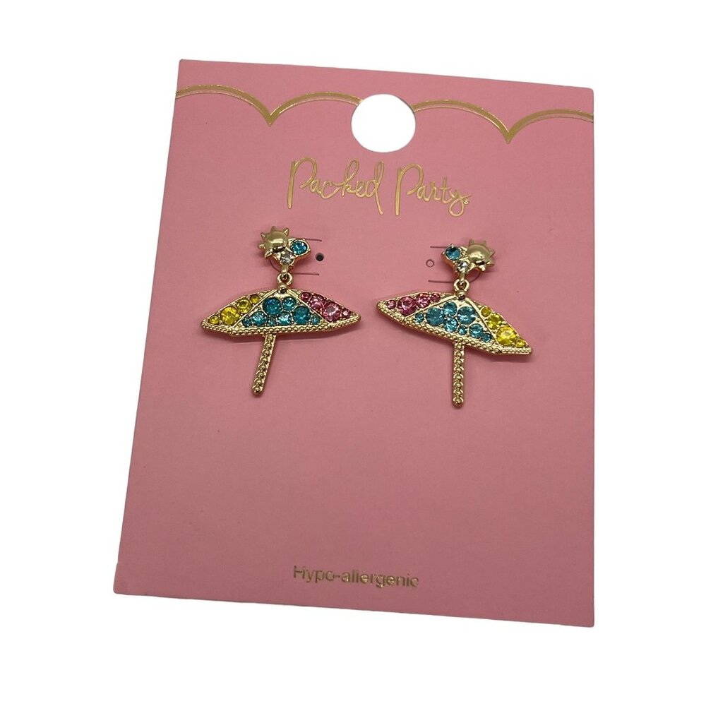 Packed Party Dangle Earrings Umbrella Gold Tone Rhinestones 1.5" NEW